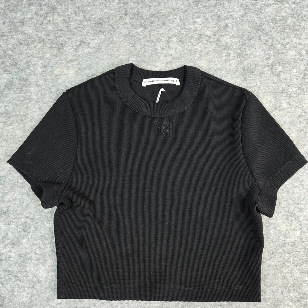 Alexander Wang Black Embossed‎ Logo Cropped Ribbed T-Shirt Women S